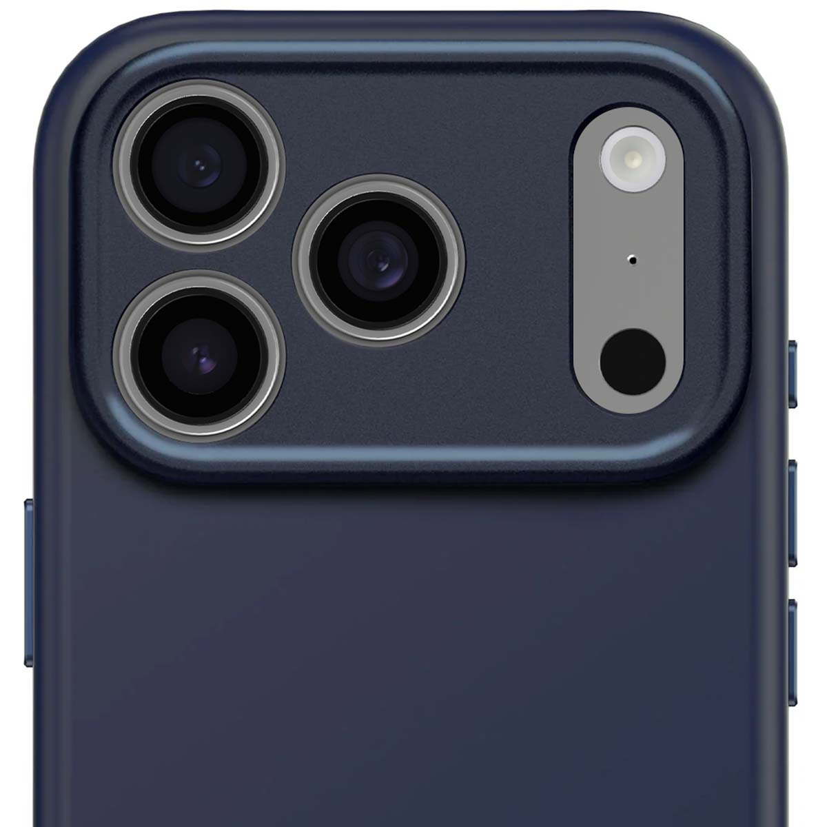 Custodia blu scuro con tripla fotocamera e flash.