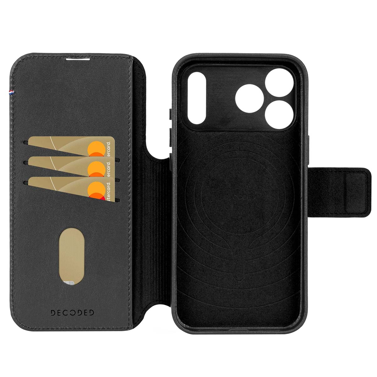 Schwarzes Leder-Flip-Case mit Kartenfächern und Kameraaussparung.