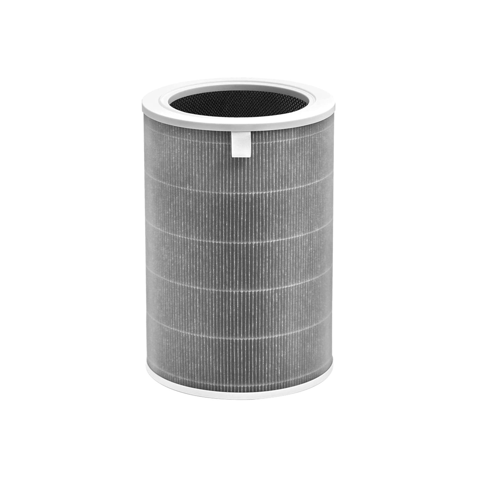 Grauer Zylinder-Luftfilter mit weißem Rand und schwarzem Netzgitter oben.