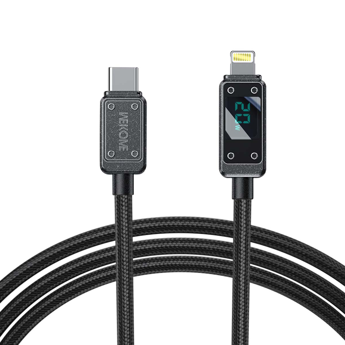 Un câble USB-C et Lightning noir avec écran numérique.