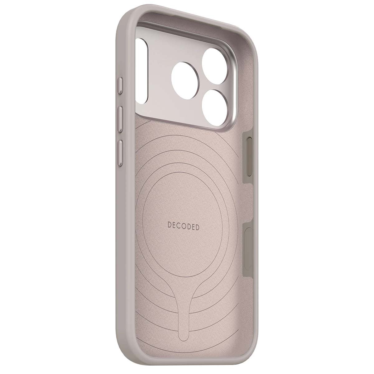 Una custodia grigio chiaro per iPhone con linee circolari e ritagli.