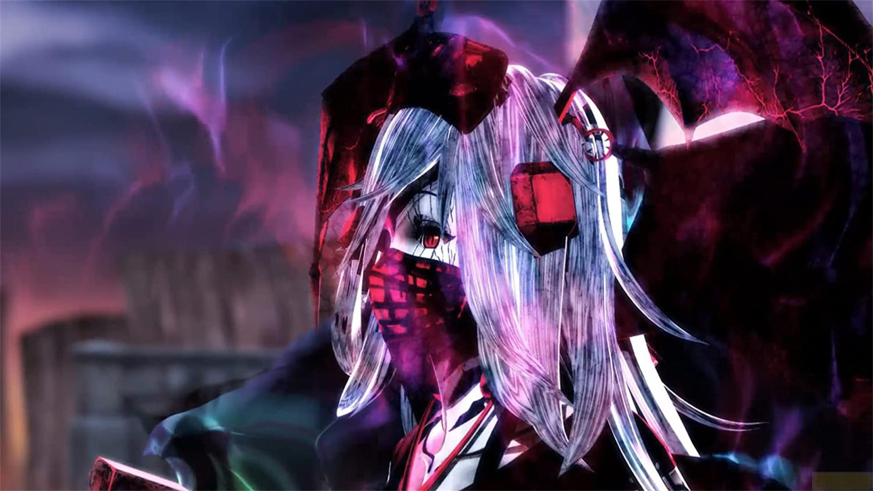 Un personnage sombre d'anime aux cheveux blancs, yeux rouges et écharpe rouge.