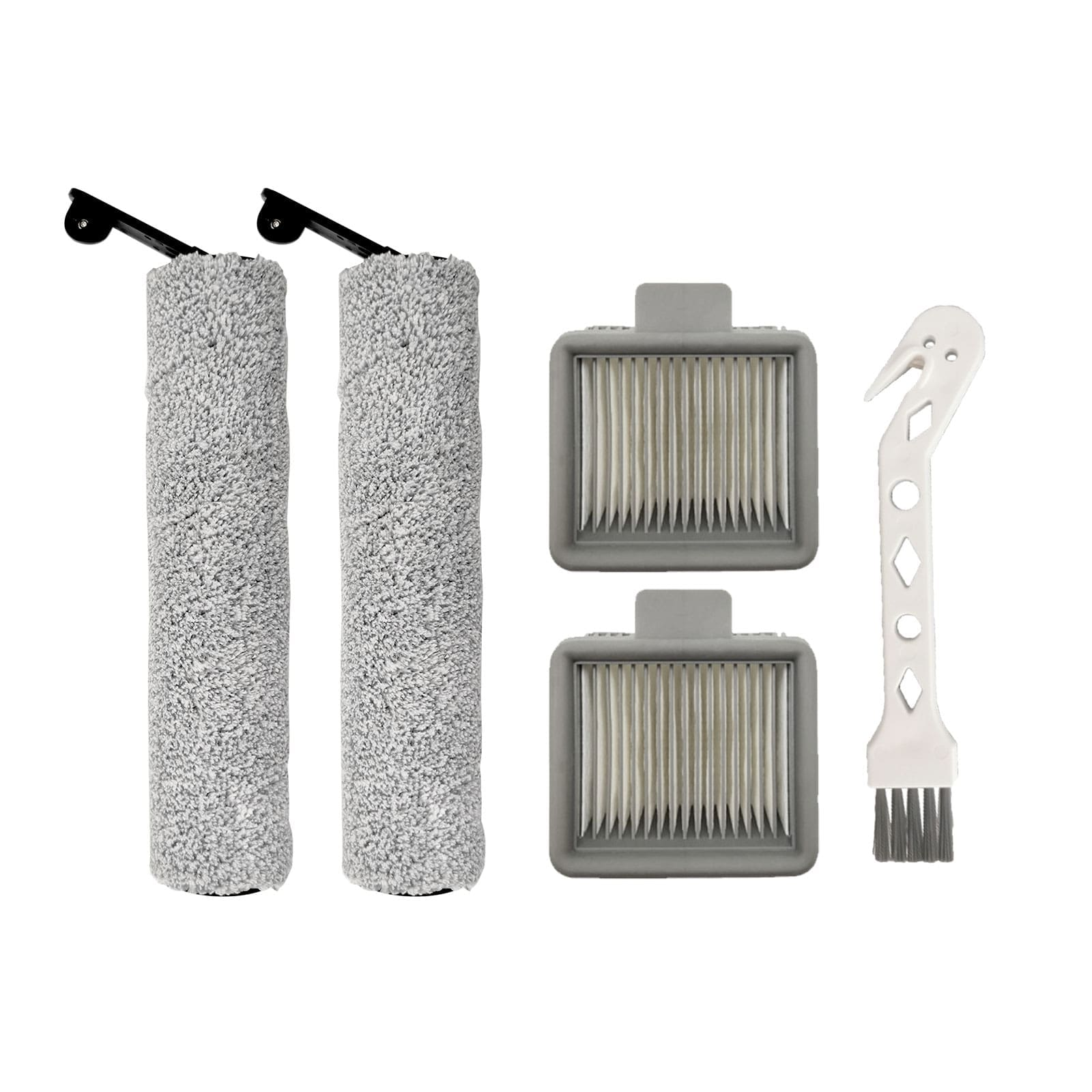 Zwei graue Rollen, zwei Filter und eine Bürste auf weißem Hintergrund.