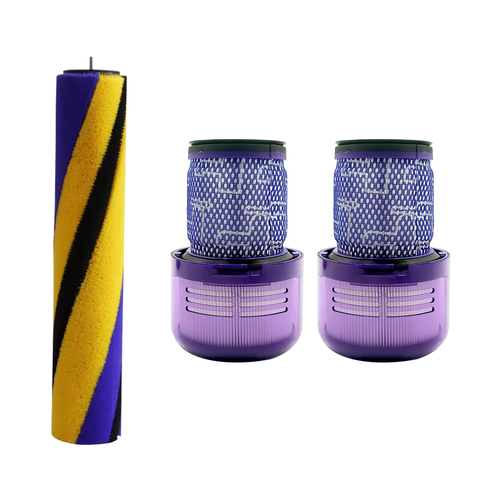 Eine violette Walze mit gelben und schwarzen Streifen und zwei violetten Filtern.