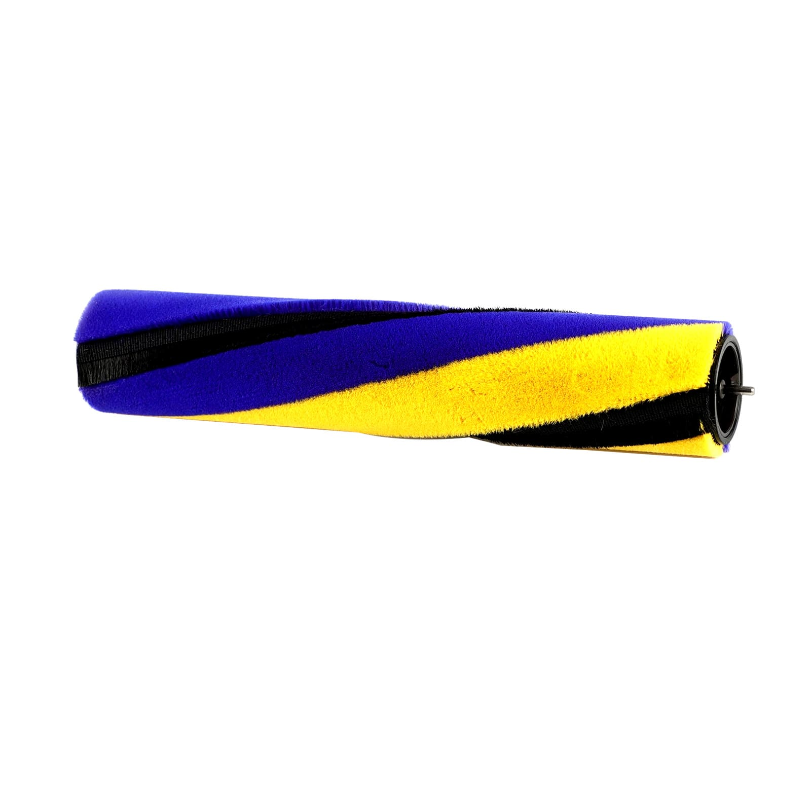 Ein Bürstenkopf für Staubsauger mit gelben, blauen und schwarzen Streifen.