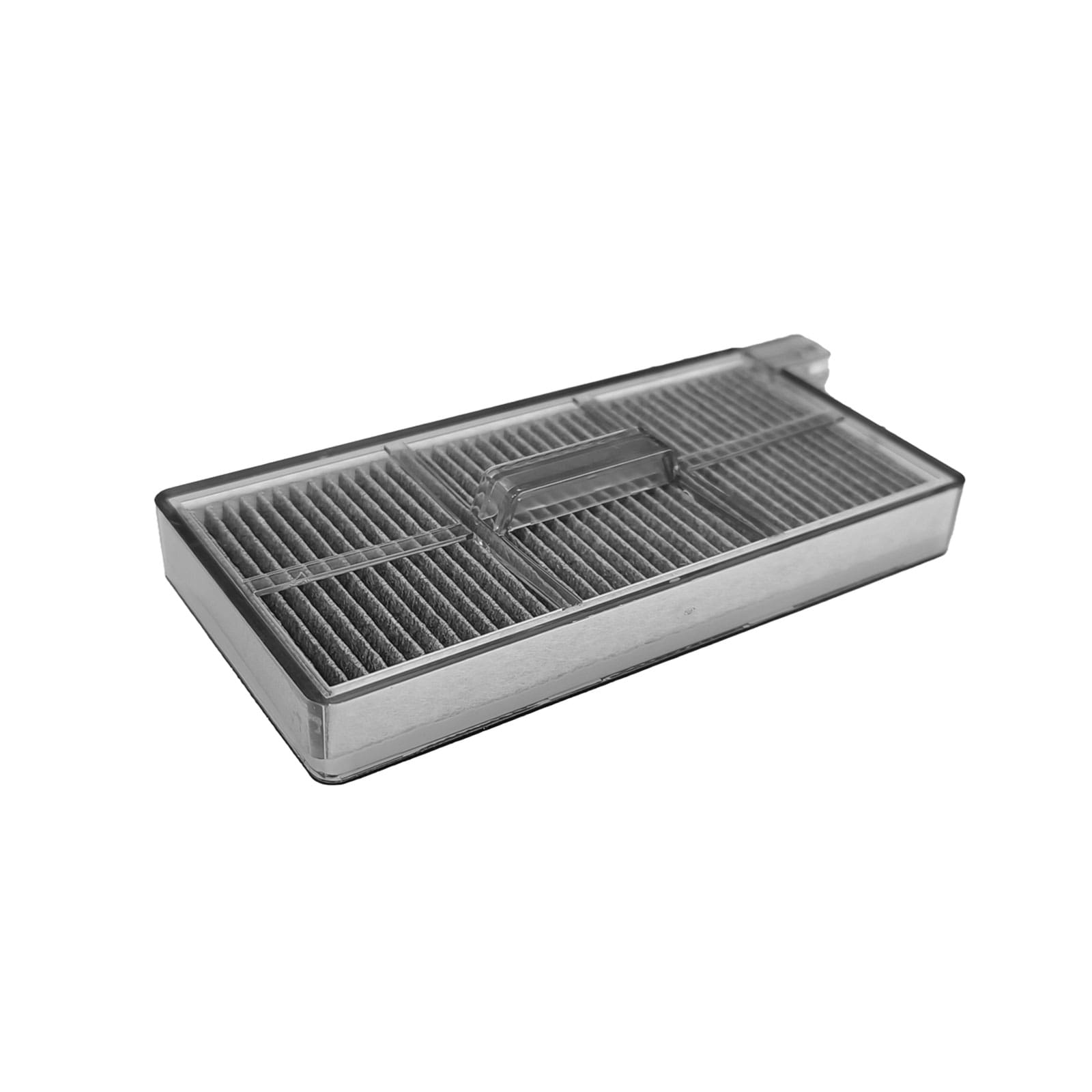 Ein rechteckiger, transparenter Staubfilter mit grauer Filtermatte und Griff.