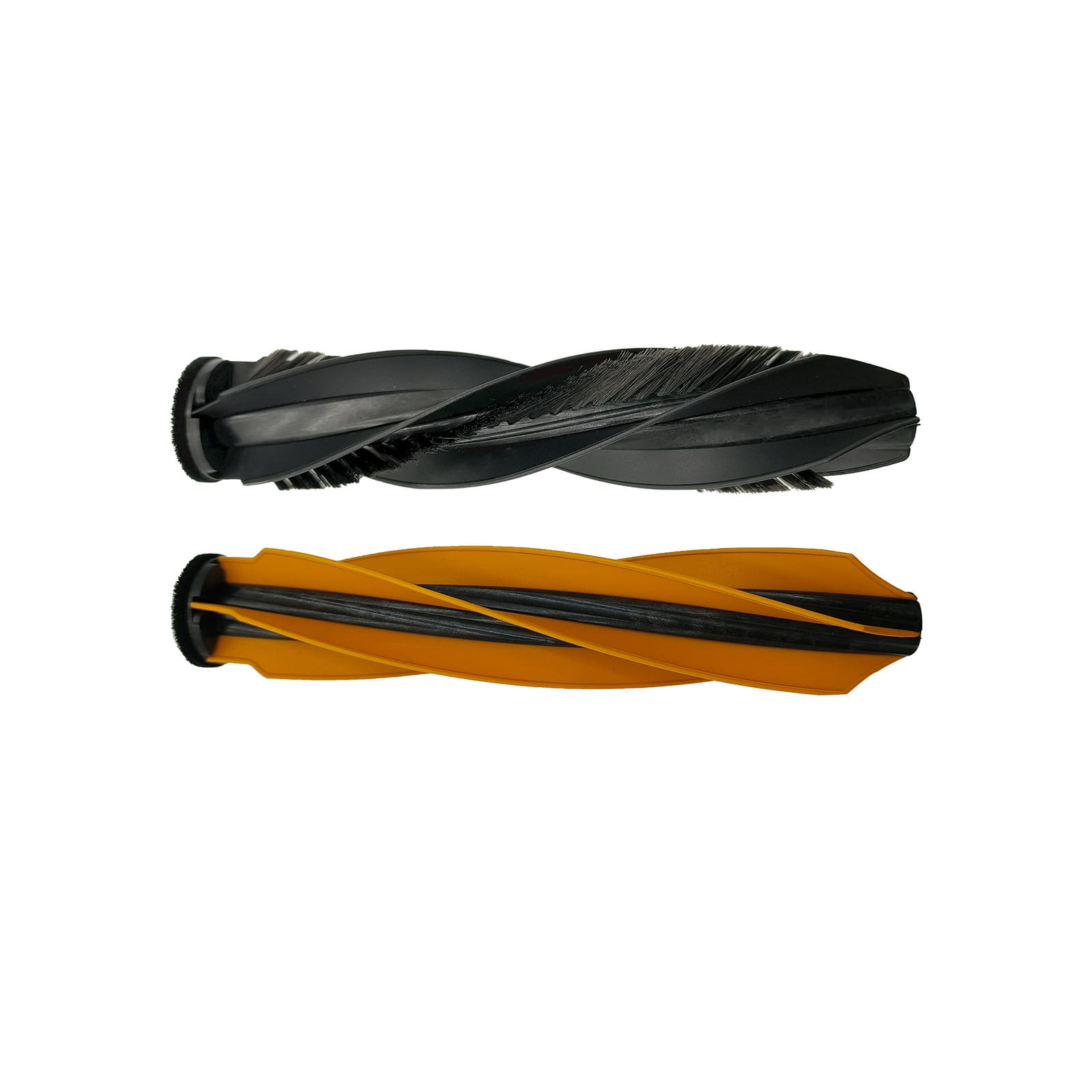 Zwei Bürstenwalzen, eine schwarz, eine orange, auf weißem Hintergrund.