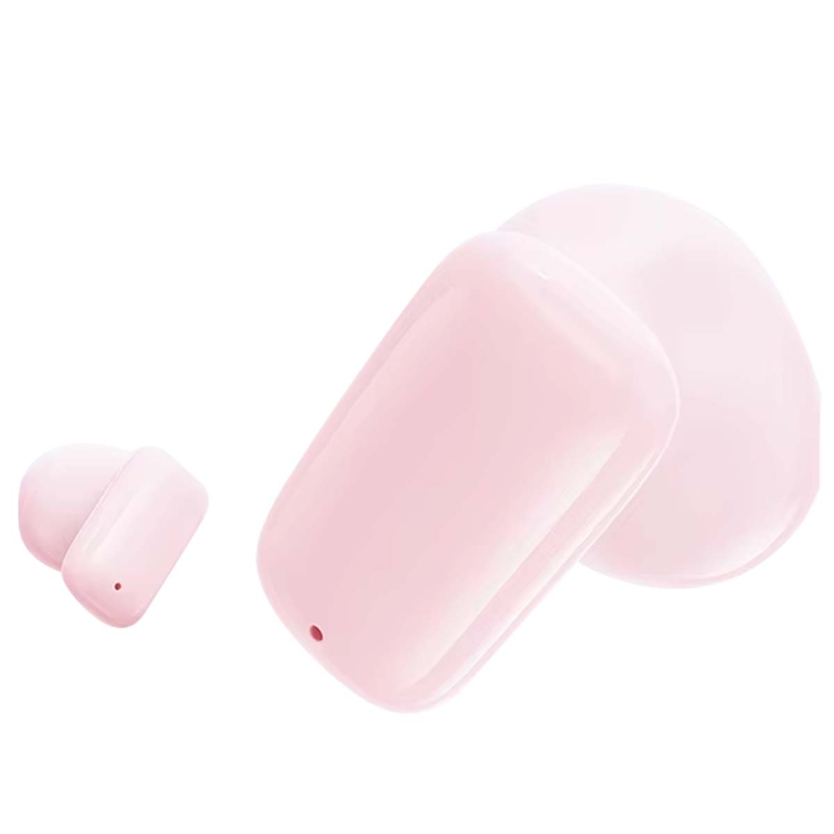 Due auricolari rosa e custodia di ricarica su sfondo bianco.