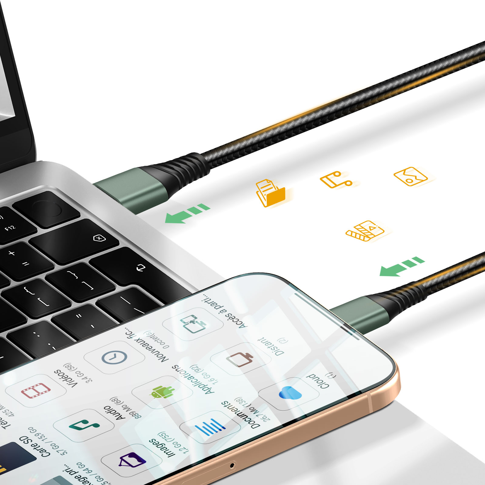 Un câble de chargement relie un smartphone à un ordinateur portable, avec des icônes de transfert de données.