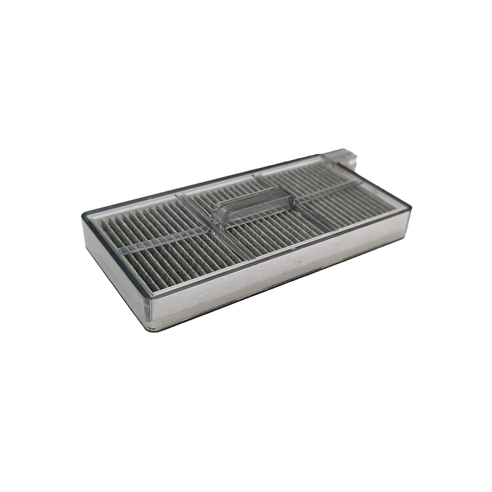 Ein grauer Staubfilter mit transparentem Gehäuse und Griff.