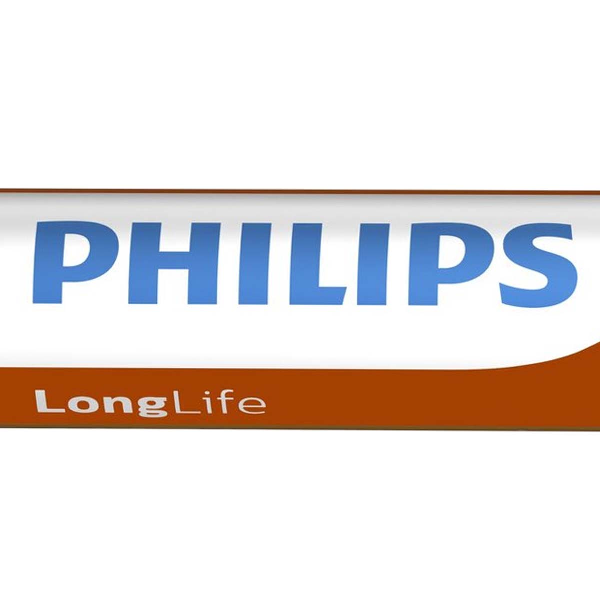 Logo Philips LongLife su sfondo bianco con accento marrone.