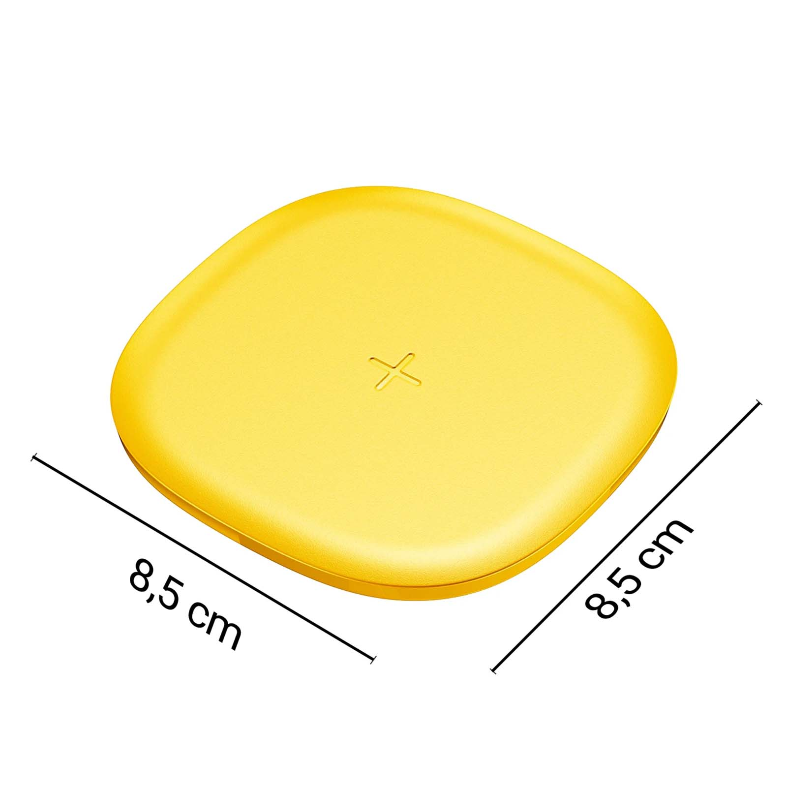 Ein gelbes, quadratisches Ladegerät mit abgerundeten Ecken und einem X-Symbol.