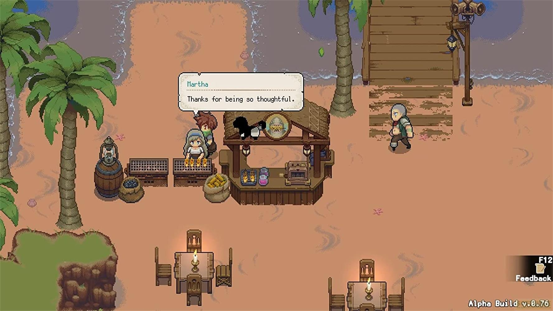 Pixel-Art-Strand mit Palmen, einem Stand, Figuren und Tischen.