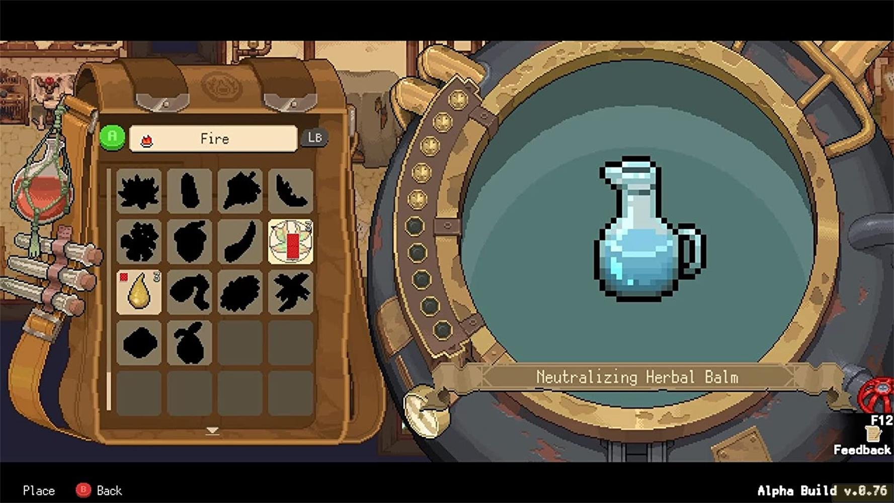 Pixelgrafik eines Spielmenüs mit einem Heiltrank und verschiedenen Gegenständen.