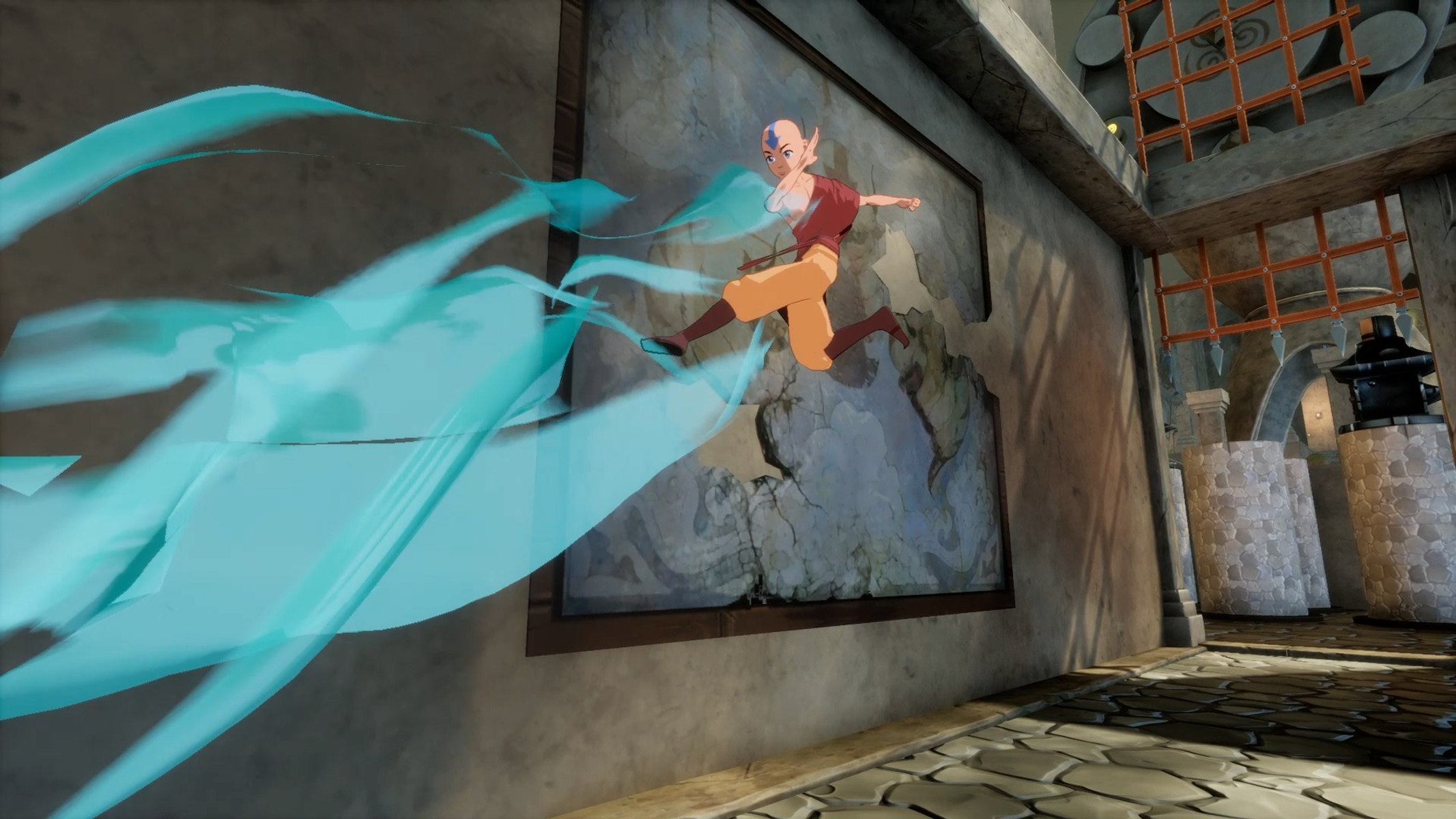 Aang springt mit blauen Luftkräften in einer steinernen Halle.