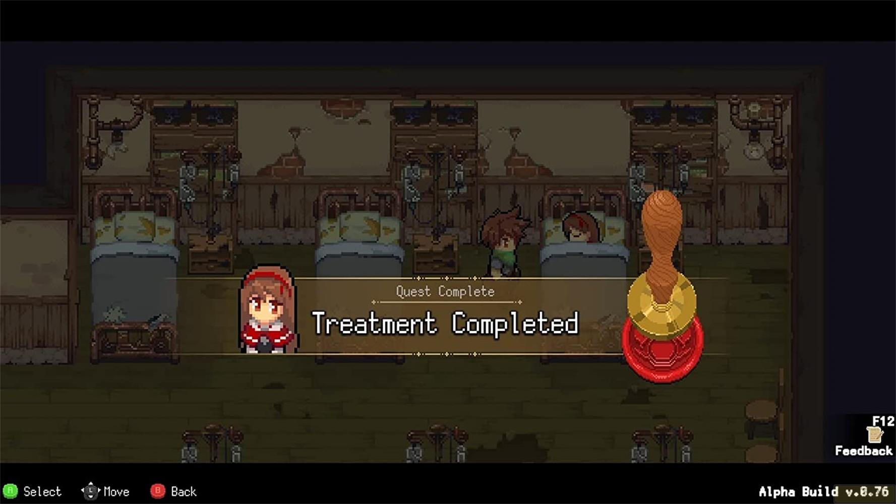 Pixel-Art-Szene: Ein Raum mit Betten, zwei Patienten und einer Frau, die einen Stempel hält.