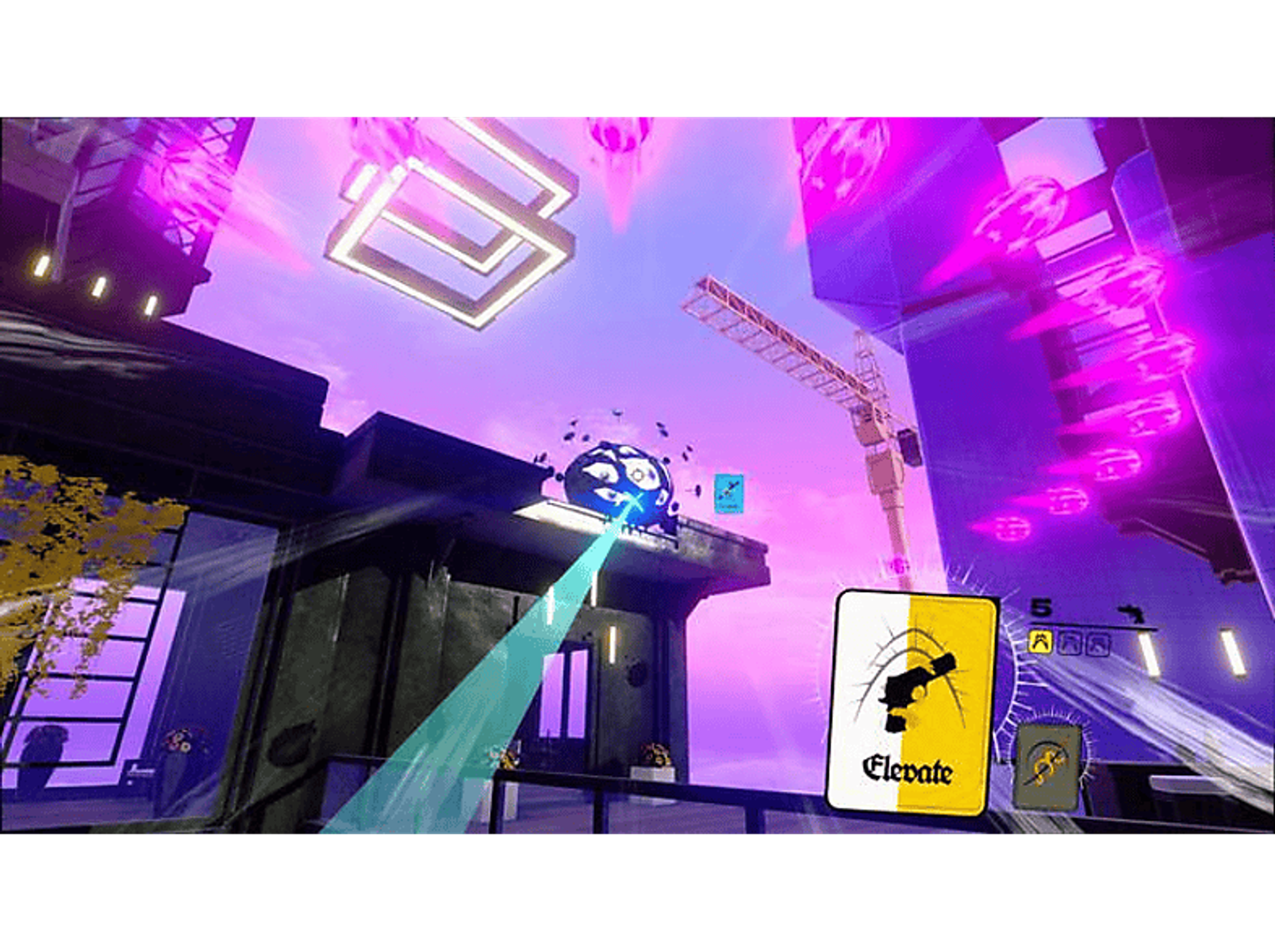 Ein futuristisches Spiel mit lila und blauer Beleuchtung, einem Kran und einer Kugel auf einem Gebäude.