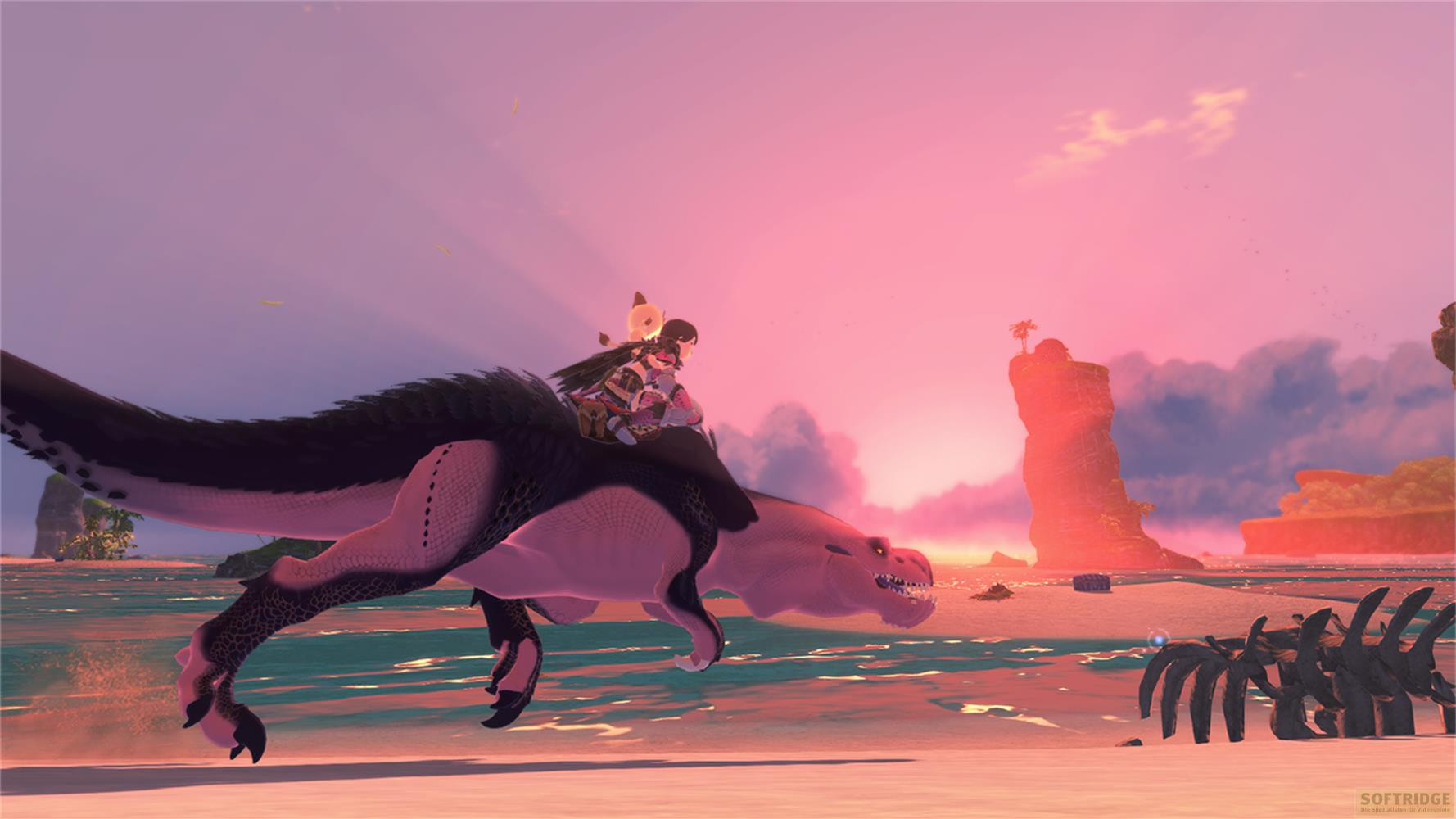 Una ragazza cavalca un dinosauro rosa su una spiaggia al tramonto.