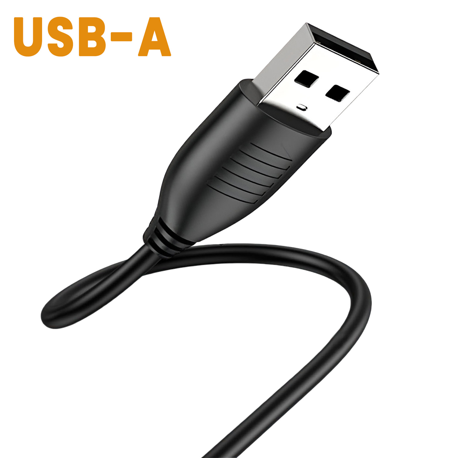 Cavo USB-A nero con connettore argentato su sfondo bianco.
