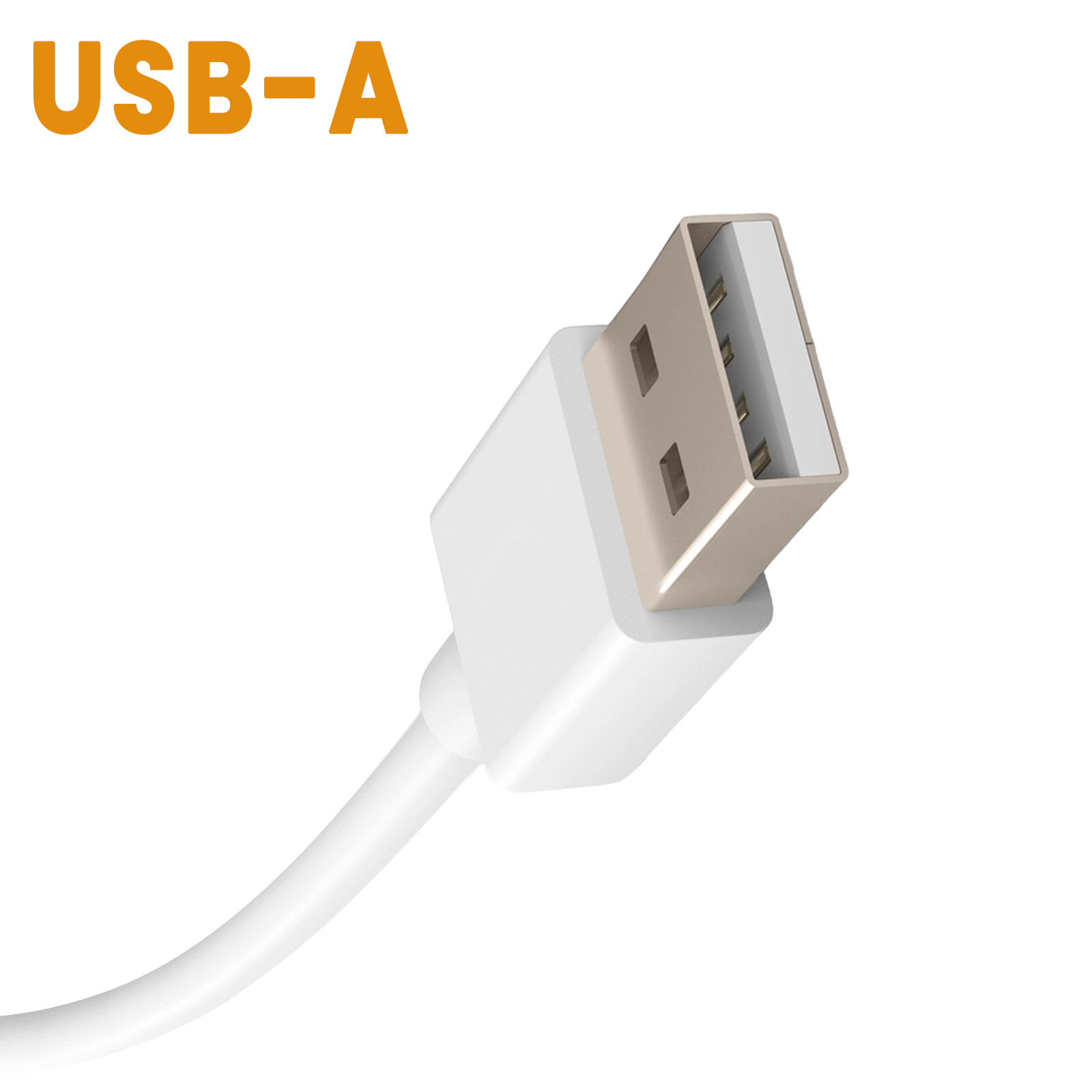 Cavo USB-A bianco con connettore dorato su sfondo bianco.