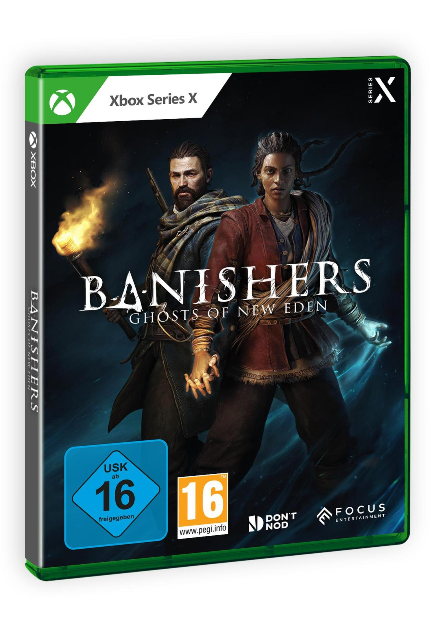 Xbox Series X Hülle mit zwei Figuren, eine mit Fackel, Spieltitel "Banishers".