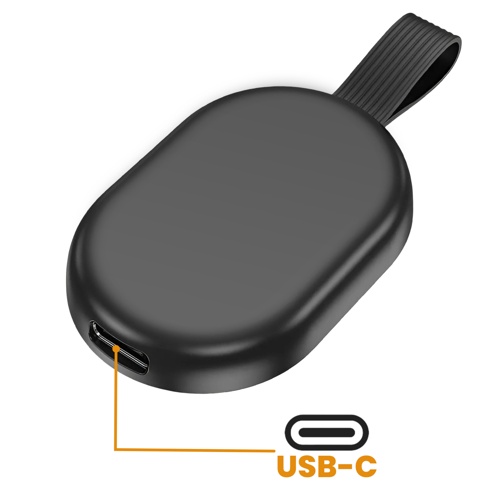 Schwarzes ovalförmiges Gerät mit USB-C-Anschluss und Schlaufe.