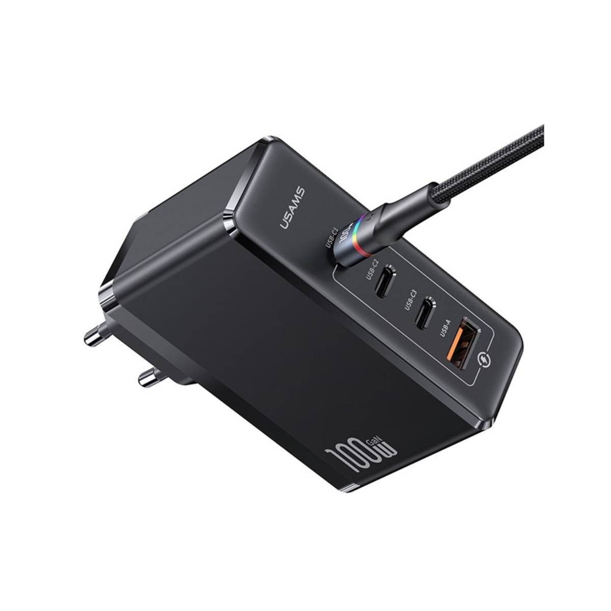 Schwarzer 100W USB-C-Ladegerät von USAMS mit mehreren Anschlüssen und einem Kabel.