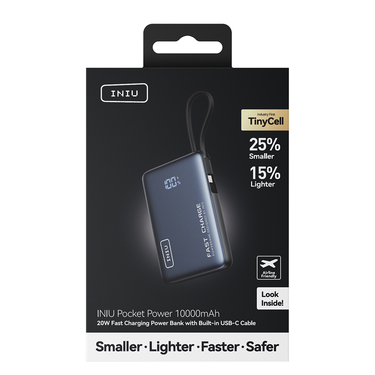 Power Bank INIU 10000mAh con cable USB-C, 25% más pequeña, 15% más ligera.