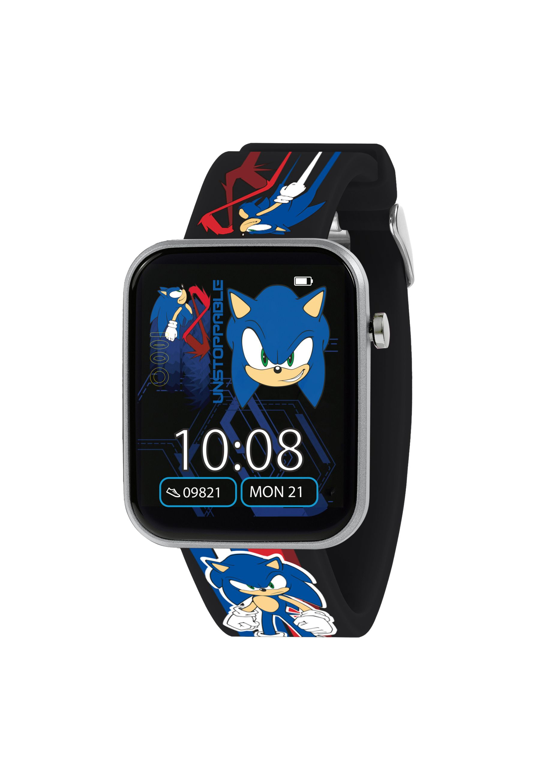 Smartwatch mit Sonic-Motiv, 10:08 Uhr, 09821 Schritte, Montag 21.