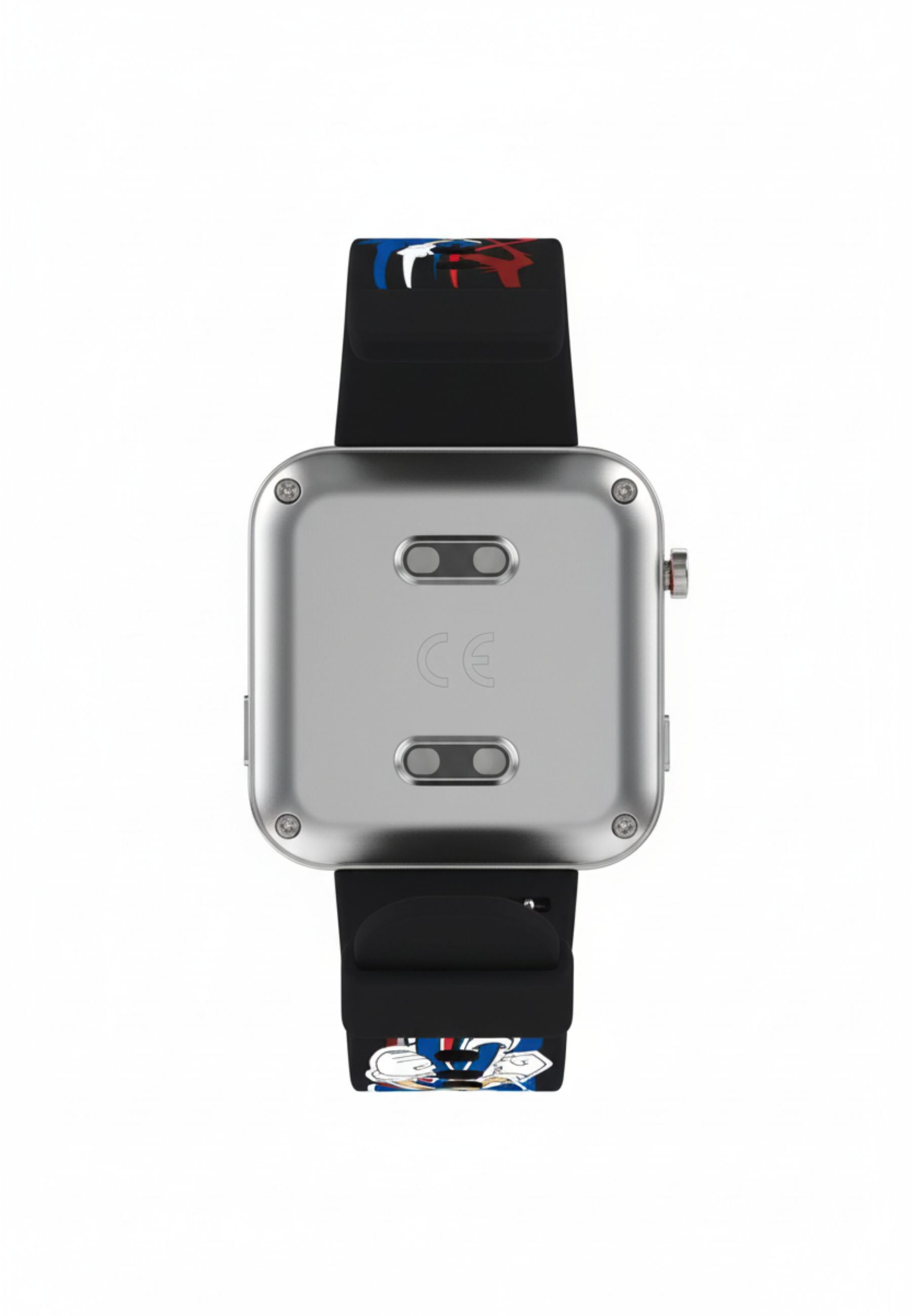 Rückseite einer silbernen Smartwatch mit schwarzem Band und buntem Muster.