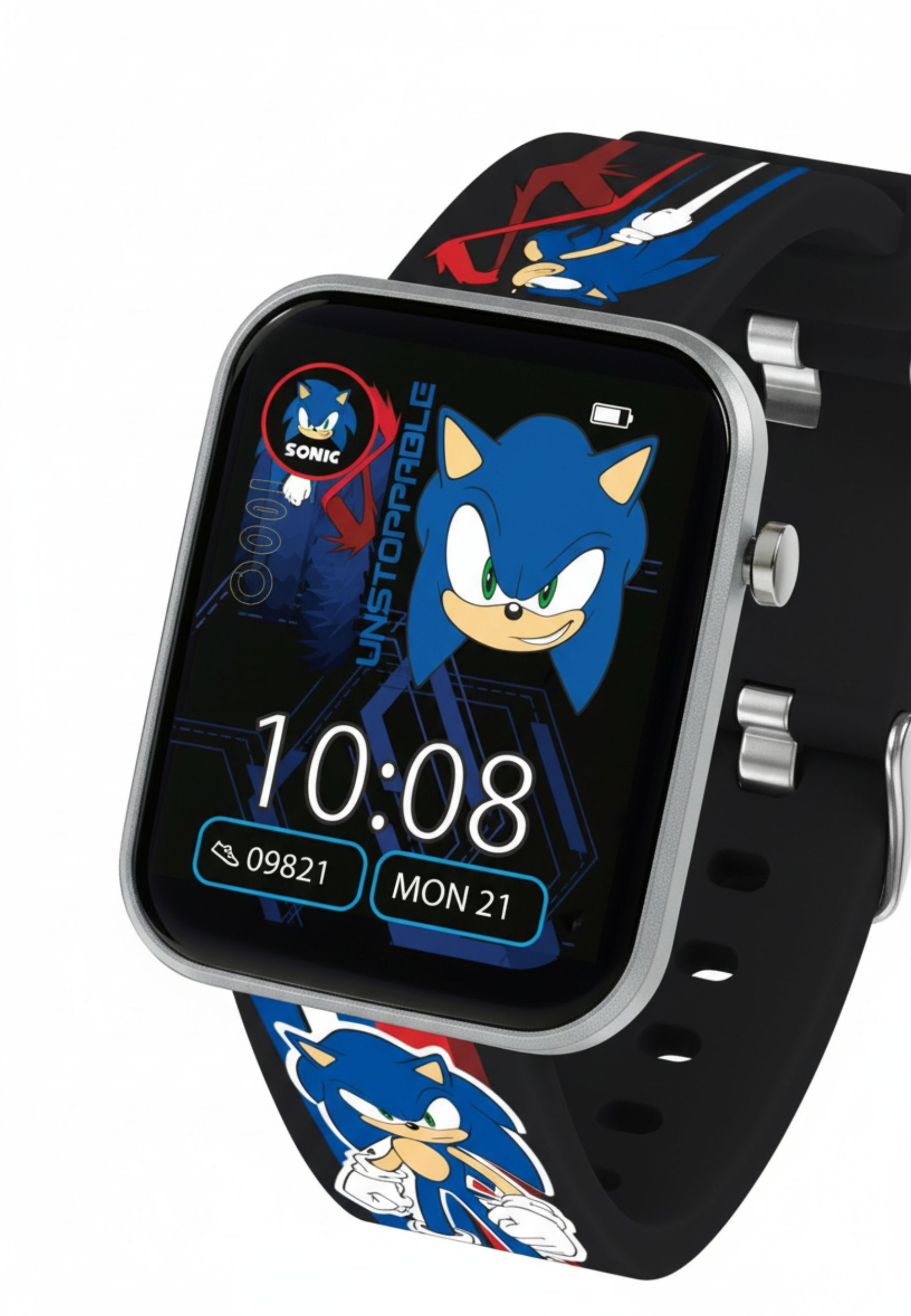 Eine Smartwatch mit Sonic-Motiv, zeigt 10:08 Uhr und Datum an.