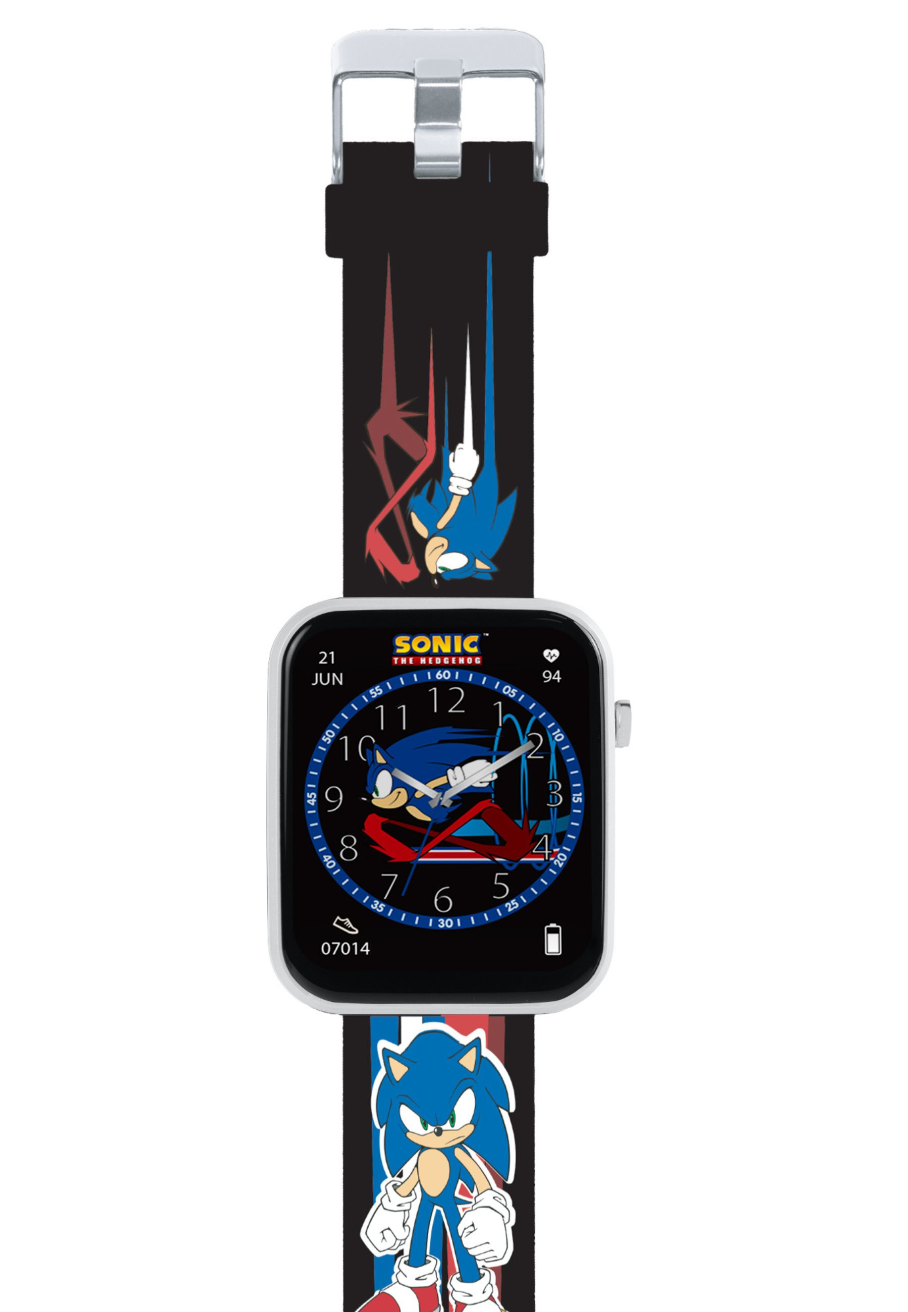 Eine Smartwatch mit Sonic the Hedgehog-Motiv, Datum 21. Juni, 94 Herzschläge.