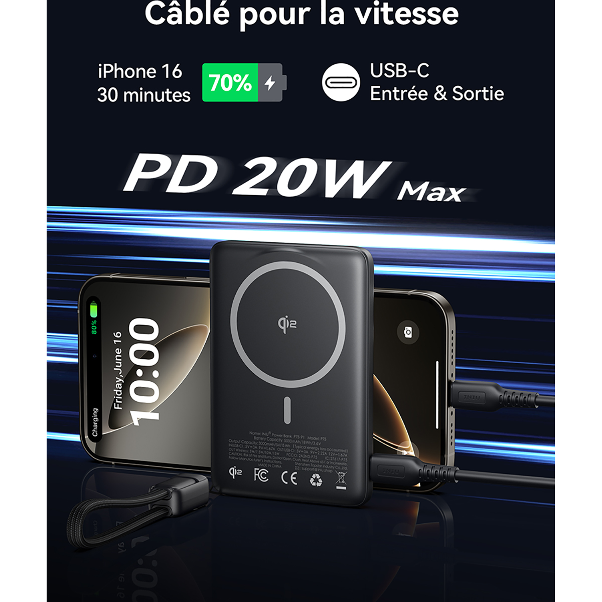Schwarzes Ladegerät mit zwei Smartphones, eines wird aufgeladen. PD 20W Max.