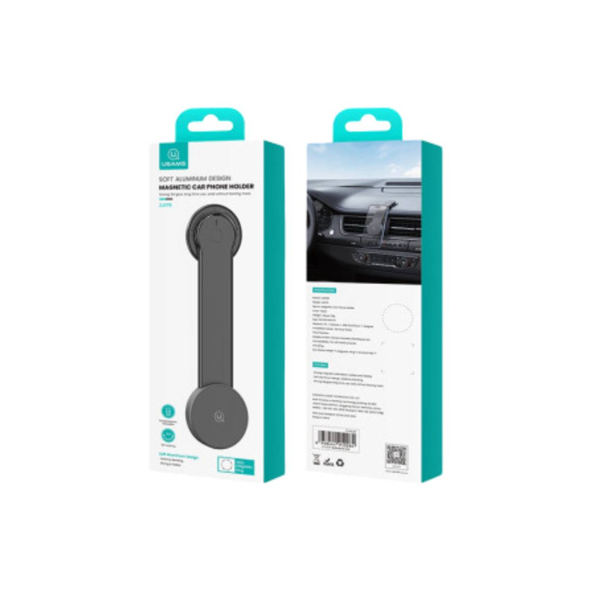 Confezione prodotto per supporto auto telefono. Mostra prodotto e vista interna auto.