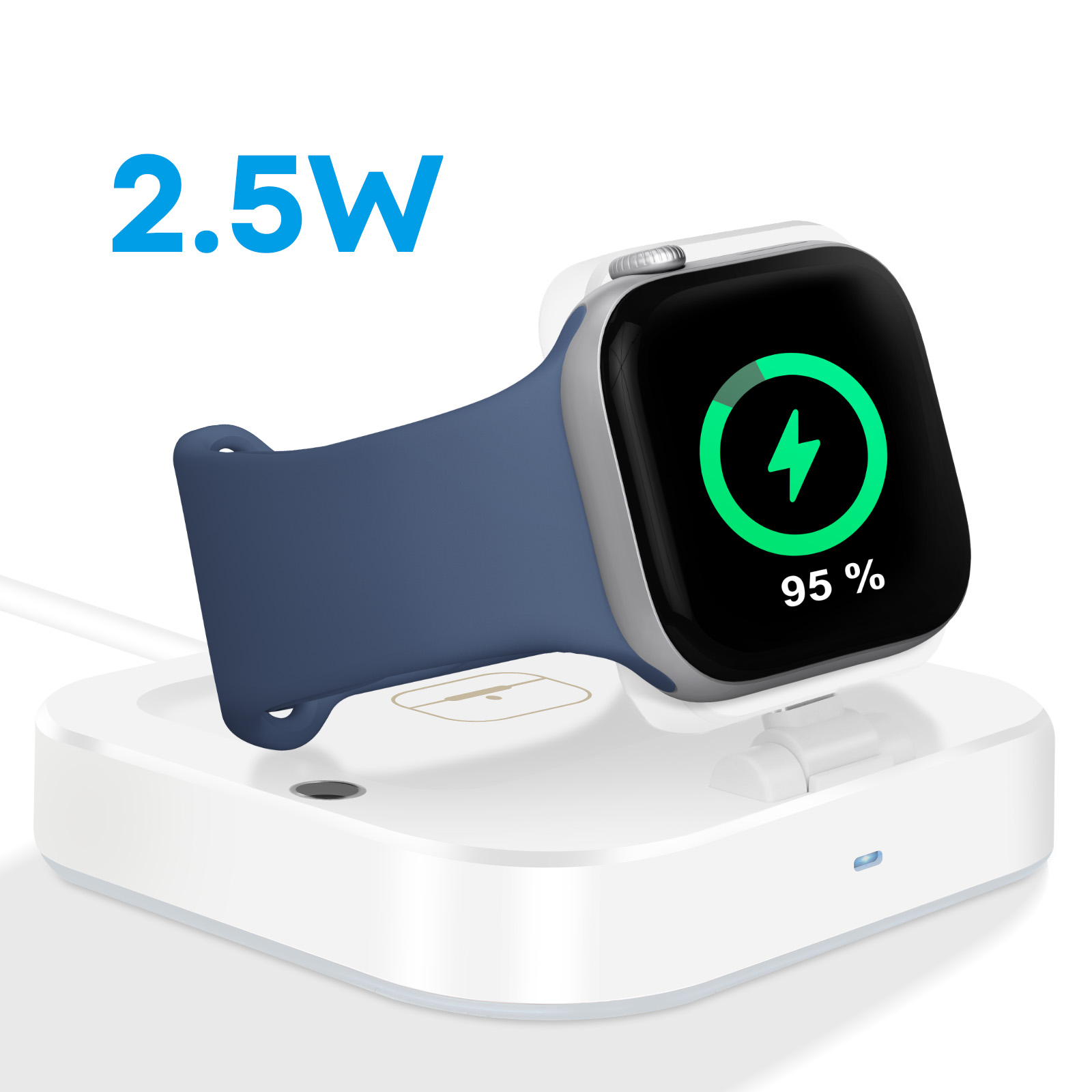 Eine blaue Smartwatch lädt mit 95% auf einer weißen Ladestation. Text: 2.5W.