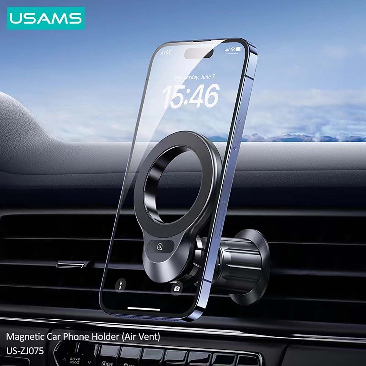 Supporto magnetico per auto con iPhone su bocchetta.