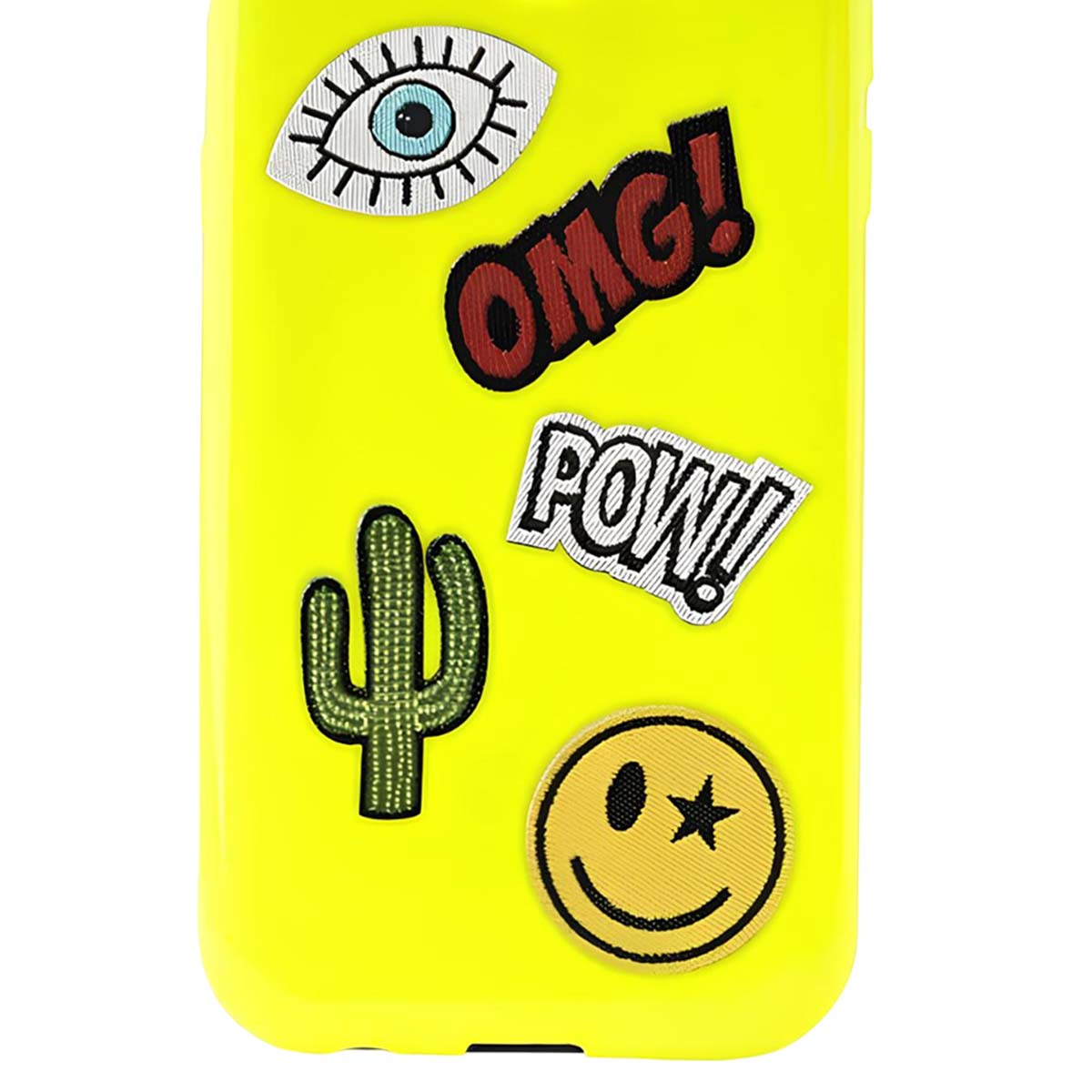 Funda amarilla para móvil con parches: ojo, OMG, POW, cactus, smiley.
