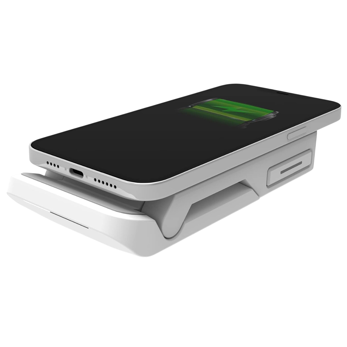 Un teléfono inteligente blanco mostrando batería cargando en soporte.