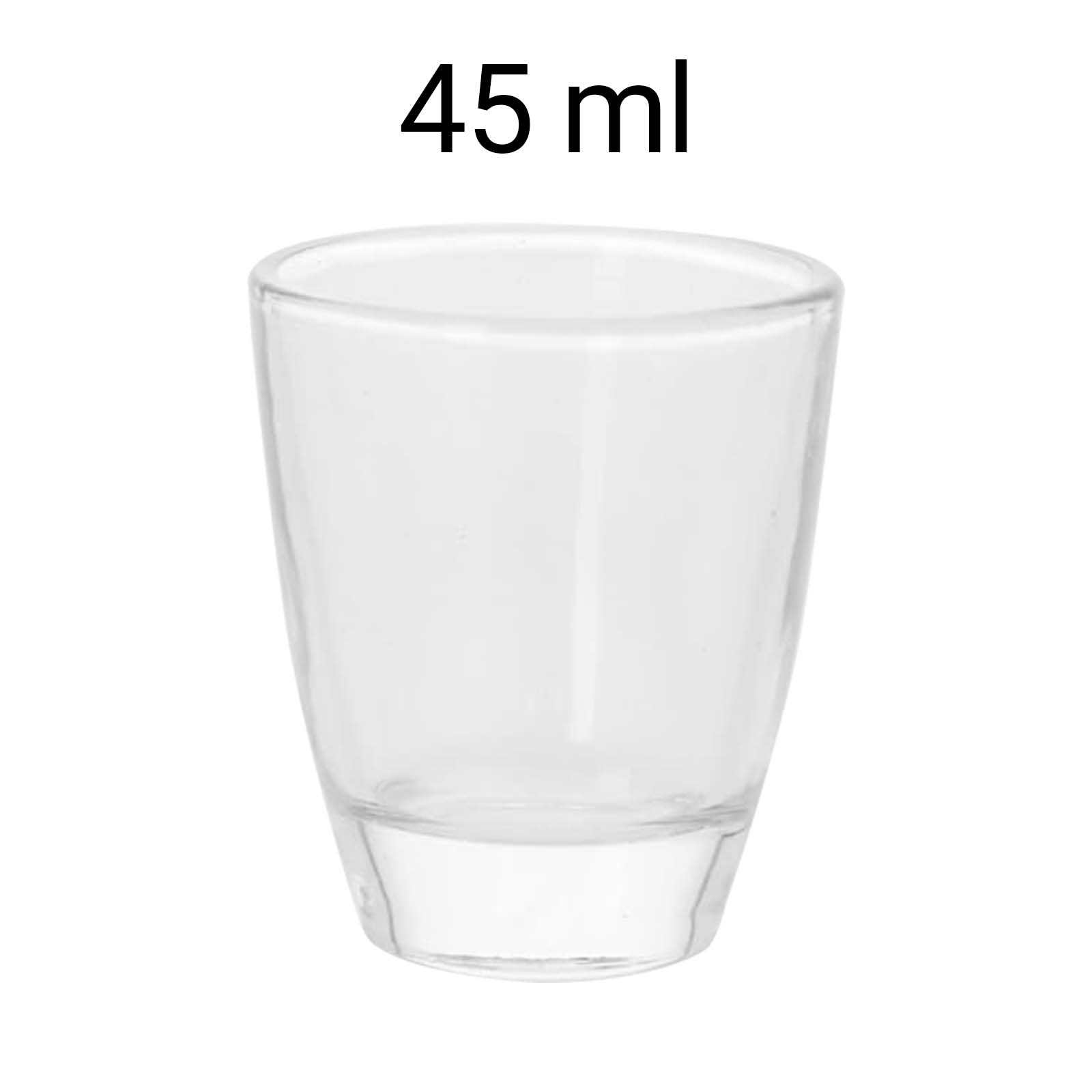 Un bicchiere vuoto con la scritta '45 ml' su sfondo bianco.