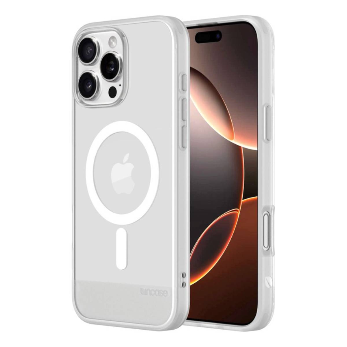 Custodia trasparente con logo Apple bianco e anello MagSafe su un telefono.