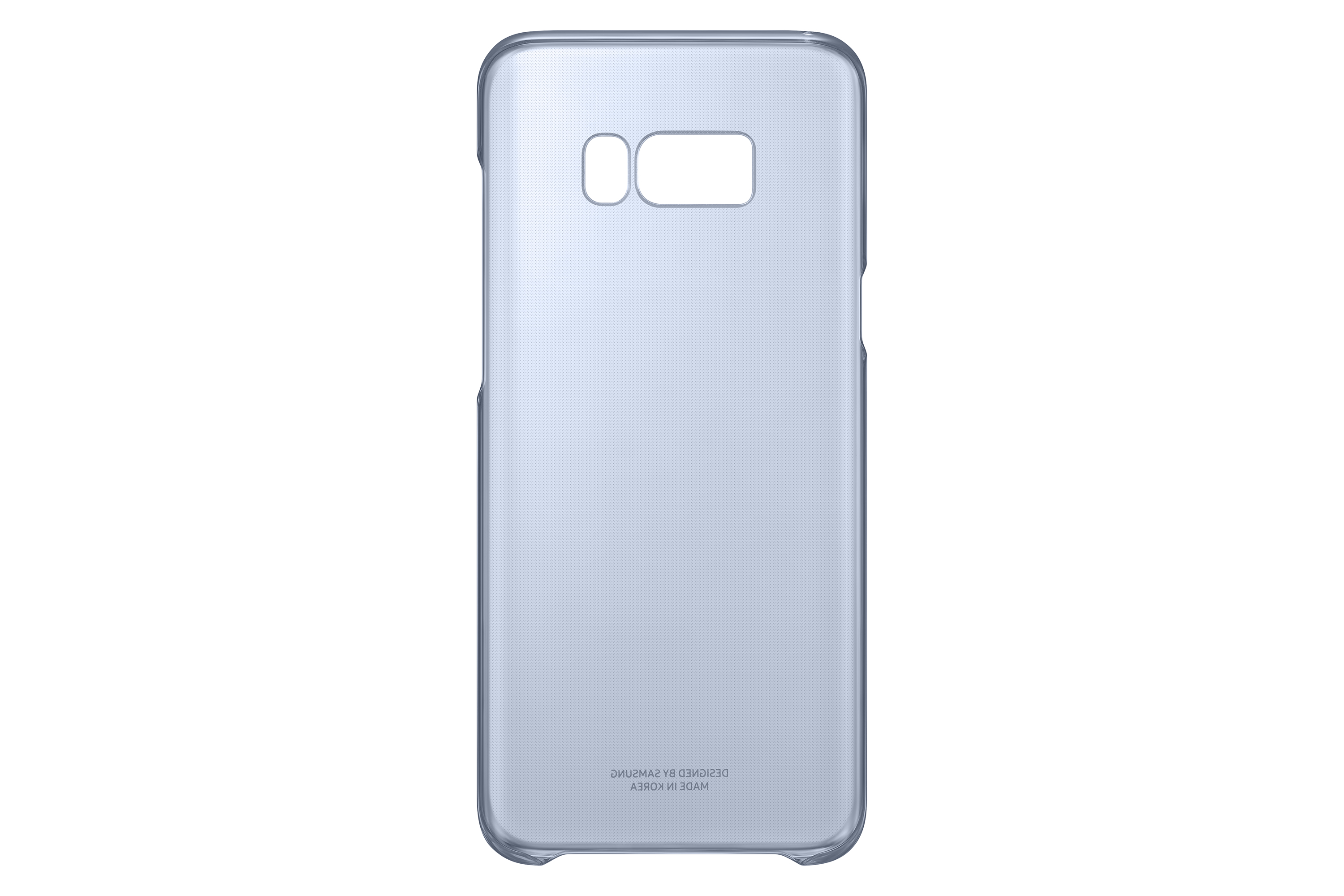Una funda de teléfono de plástico transparente con recortes para cámara y flash.