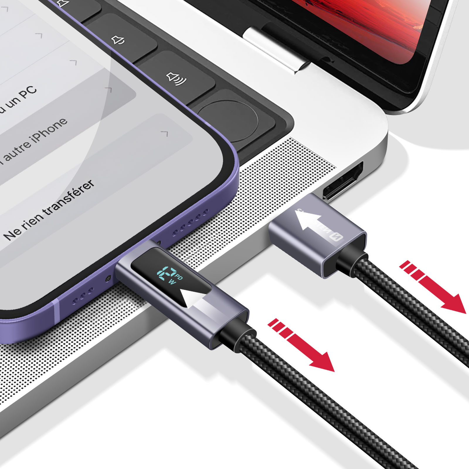 Ein USB-C-Kabel verbindet ein lila Handy mit einem Laptop. Ein Display zeigt 12W an.