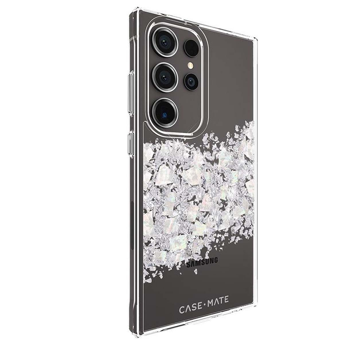 Custodia trasparente per telefono con glitter e quattro obiettivi della fotocamera in alto.