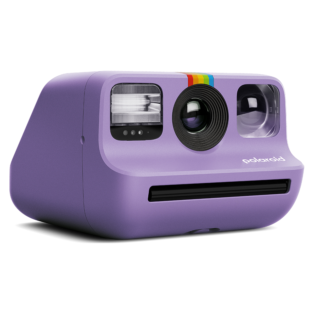 Una cámara Polaroid morada con flash, lente y detalle de rayas arcoíris.