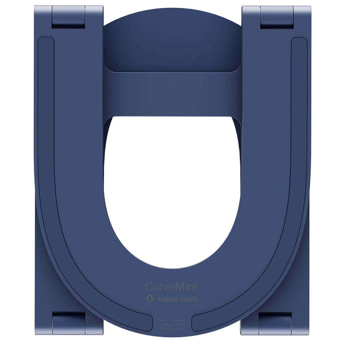 Un support bleu foncé en forme de U avec la marque 'CurveMini twelve south'.