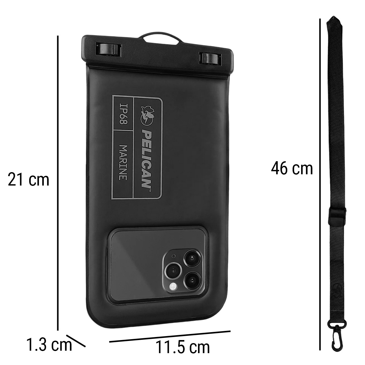 Custodia impermeabile nera Pelican con smartphone, dimensioni 21x11,5x1,3cm. Cinghia inclusa.