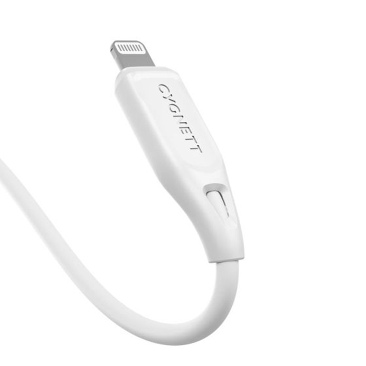 Un cavo di ricarica bianco con connettore Lightning e logo CYGNETT.