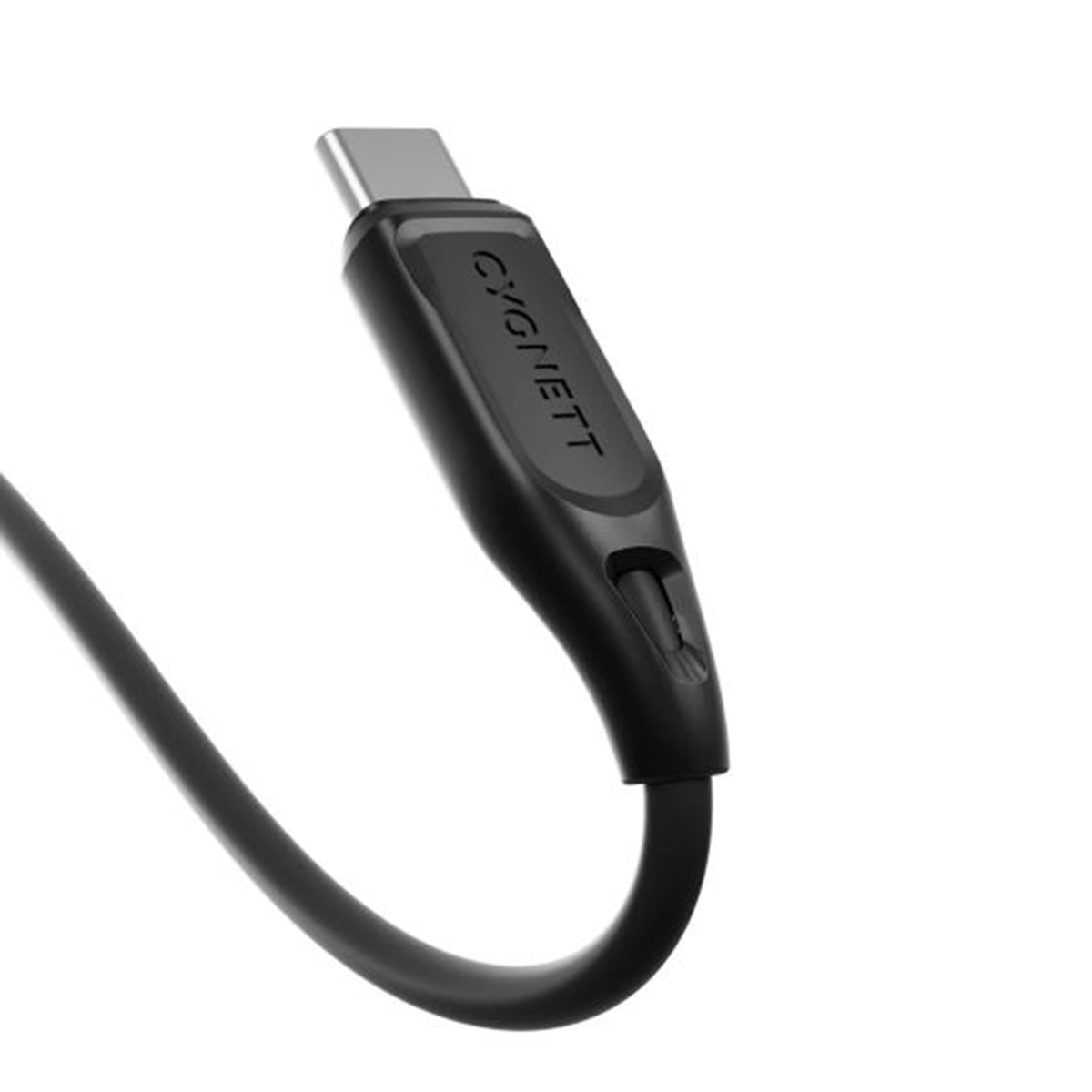 Ein schwarzes USB-C-Kabel mit silbernem Stecker auf weißem Hintergrund.