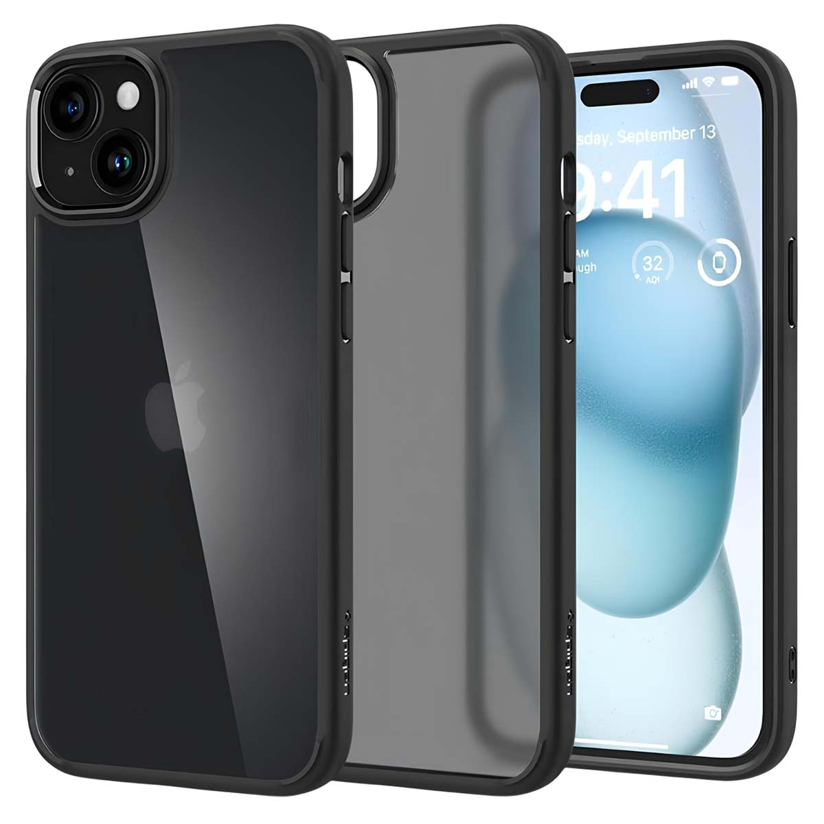 Due cover nere per telefono: una trasparente, una con logo.
