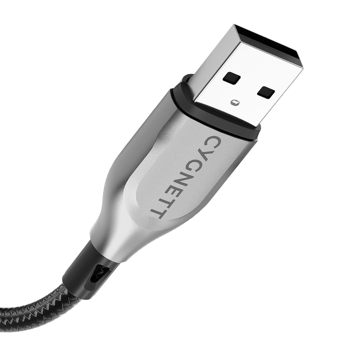 Un connettore USB argentato con logo CYGNETT e cavo intrecciato.
